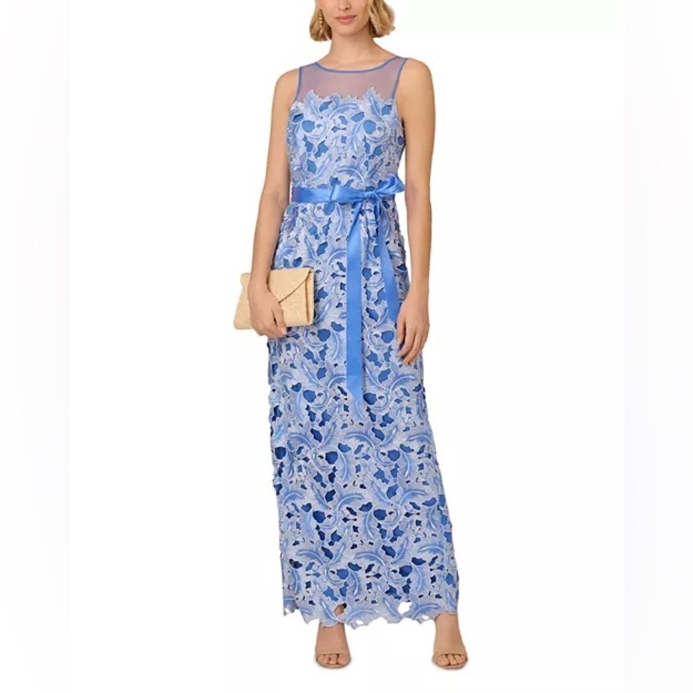 Adrianna Papell Light Blue Floral Lace Maxi Dress with Satin Belt